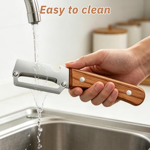 Image of 2pcs Multifunctional Vegetable Peeler for Kitchen, Stainless Steel Peeler | Vegetable peeler with wooden handle and bottle opener, stainless steel, dishwasher safe, non-slip ergonomic handles