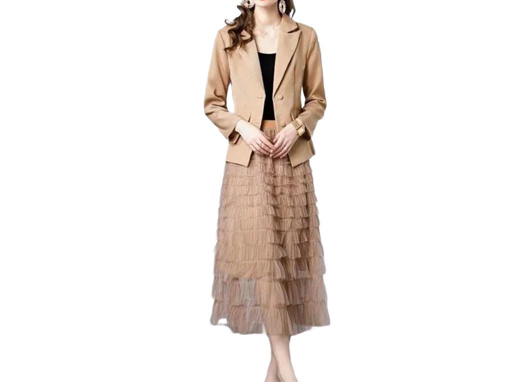 Women Elegant Blazer Suit Two Piece Set Business Office Jacket with Waist Belt Cake Layer Skirt