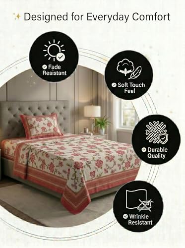 Image of Mafatlal 144 TC Heritage 100% Cotton Rajasthani Jaipuri Traditional Floral King Size Twin Bedsheet with Pillow Cover (90x60 inches)- Red