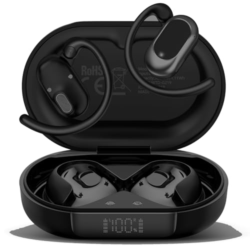 STECEi Open-Ear Kopfhörer 5.4 Bluetooth Kopfhörer, 2025 Verstellbare Ohrhaken Kopfhörer Kabellos Bluetooth starker Bass, 36H Spielzeit kopfhörer Sport IP7 Wasserfest für Sport, LED, Laufen,Tiefschwarz
