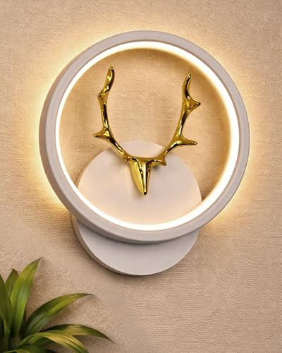 Image of Homesake LED Wall Lamp for Living Room Bedroom, Modern Golden Deer Decorative Wall Light, Warm White Indoor Designer Home Decor Light, Stag Face, Circular Frame, (White, Round)