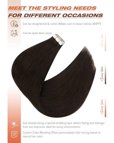 Sunny Hair Tape in Hair Extensions Real Human Hair Invisible Remy Hair Extensions Tape ins for Women Dark Brown 18 inch 20Pcs 50G