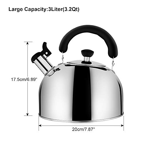 Tea Kettle for Stovetop Whistling Tea Pot, Stainless Steel Teakettle Tea Pots for Stove Top, 3.2QT(3-Liter) Large Capacity with Capsule Base by ECPURCHASE
