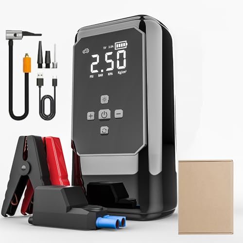 Jump Starter Power Pack with Air Compressor, NOVA TECH 5000A Portable Car Battery Booster (10L Petrol/8L Diesel), 12V Car Jump Starter Power Bank with Jump Leads, LCD Screen, Emergency Light