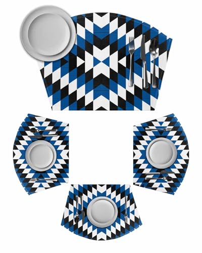 Blue Aztec Round Placemats Set of 6, Black White Southwest