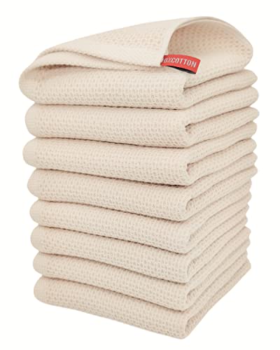 ANEWAY Kitchen Hand Towels 100% Cotton Waffle Weave Dish Towel for Cleaning Drying - Extra Absorbent and Soft - 13 x 28 inch (Beige-8 Pack)