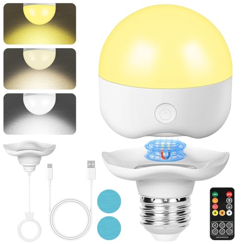 HOTUT Wiederaufladbare Gl&uuml;hbirne, LED Akku Gl&uuml;hbirne mit Magnetsockel E27, Haken und Fernbedienung, 3 Farben Dimmbare, Timing, Kabellose lampen Ohne...