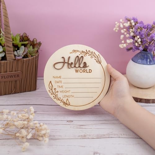 Image of Hello World Wooden Baby Birth Announcement Sign - Custom Baby Name Plaque with Leaf Design - 3D Lettering - Newborn Stats Board for Photo Prop or Nursery Decor