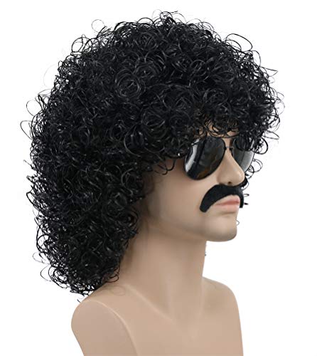 Image of karlery Mens Short Curly Black Mustache Beard Afro Wig California Rocker Disco Halloween Cosplay Anime Costume Party Wig (Black)