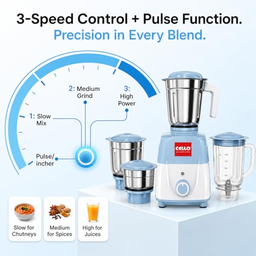 Image of CELLO Unitech 600W Mixer Grinder with Juicer Jar | 4 Jars | Copper Motor | 3 Speed Control | Stainless Steel Blades | Mixer, Grinder & Juicer for Juices