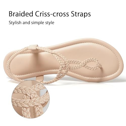 Image of iCKER Womens Braided T‑Strap Flat Sandals Elastic Stretch Ankle Strap | Boho cute casual lightweight and comfort matches dresses for beach vacation