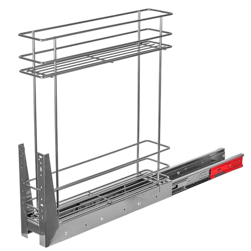 STOLMET Schrankauszug Mini Schrankkorb mit Vollauszug Ausziehbare Küchenschublade mit Soft Close System Korbauszug für Küchenschrank Schrank mit Außenbreite von 15 cm 2 Ablagen 480x545x100mm Silber