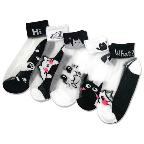 Image of Women Sheer Mesh Ankle Socks Thin Nylon Transparent Novelty Black White Cat Sock 5 Pack for Girls