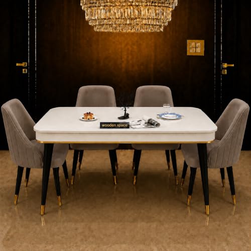 Image of WOODEN SPACE 4 Seater Wooden Dining Table Set | Urban Marble Top Dining Table with Chairs for Dining Room & Kitchen (Modern Infinity Brown) (54 x 36 x 30 inch)