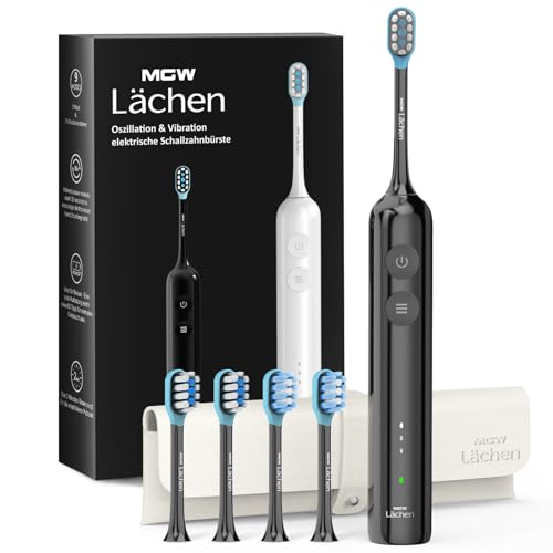 Wave Elektrische Zahnbürste, 60°-Oszillation & Vibration, MGW Lächen elektrische Schallzahnbürste für Erwachsene, 3 Modi mit je 3 Stufen, IPX8-wasserdicht, 4 Bürstenköpfe, Reiseetui, Schwarz
