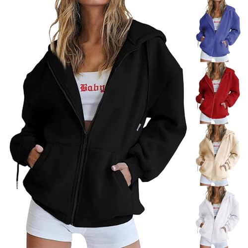 Image of Hoodies Women's Solid Full Zip Long Sleeve Sweatshirts with Pockets Casual Comfortable Plus Size Tops Daily Home Going Out Coat Sports Running Walking Jackets Travel Hoodie Ladies Sweatshirt A Black