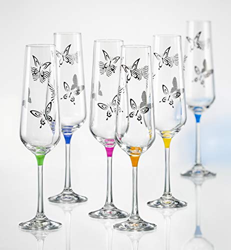Champagne - Flute - Glass - Glass Crystal - Wedding Toasting Flutes - With Butterfly Imprint - Assorted Colour Stem - Set Of 6 Glasses - By Barski - 9 Oz. - Gift Boxed - Made In Europe #TOP1