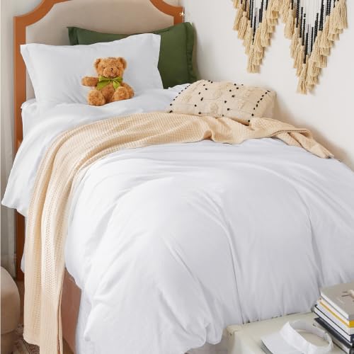 Image of Bedsure Prewashed Twin Duvet Cover, Cotton-Like Bedding Set, Bright White | Ultra Soft, Relaxed Texture, Twin XL Breathable Comfort, Hidden Zipper, 8 Corner Ties, Easy Care, Year-Round Use