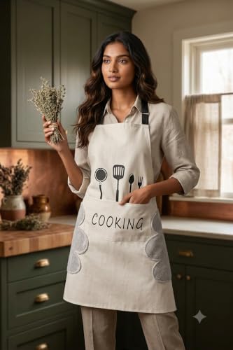 Image of HROY Kitchen Apron for Women & Men with Pocket & Side Towel | Kitchen Apron for Women & Men with Pocket & Side Towel | Reusable Cooking Chef Apron for Home Kitchen