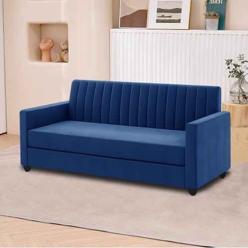 Image of 3+2 Fabric Sofa Set with Ottoman for Living Room | Modern Upholstered 5-Seater Couch | Soft Cushion, Premium Velvet Fabric-Blue