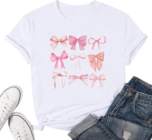 Womens Bow Shirt Pink Bow Ribbon T-Shirt Coquette Aesthetic Y2K Tee Tops