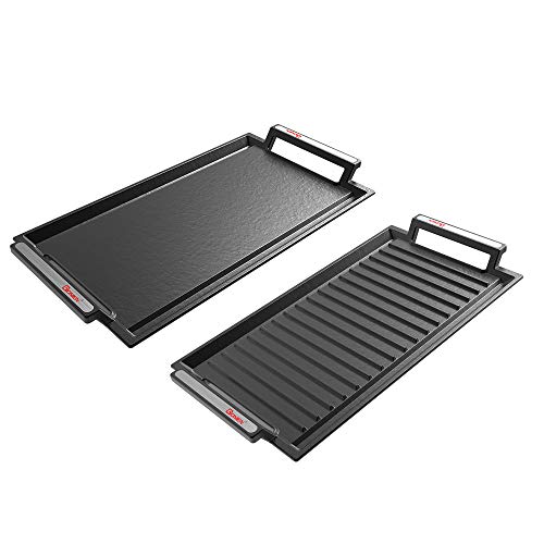 Gionien - Sartén de hierro fundido, 2 paquetes de placas calientes para placas de inducción eléctricas, horno con ranuras, antiadherente, no se oxida, para barbacoas, superficies planas y estriadas