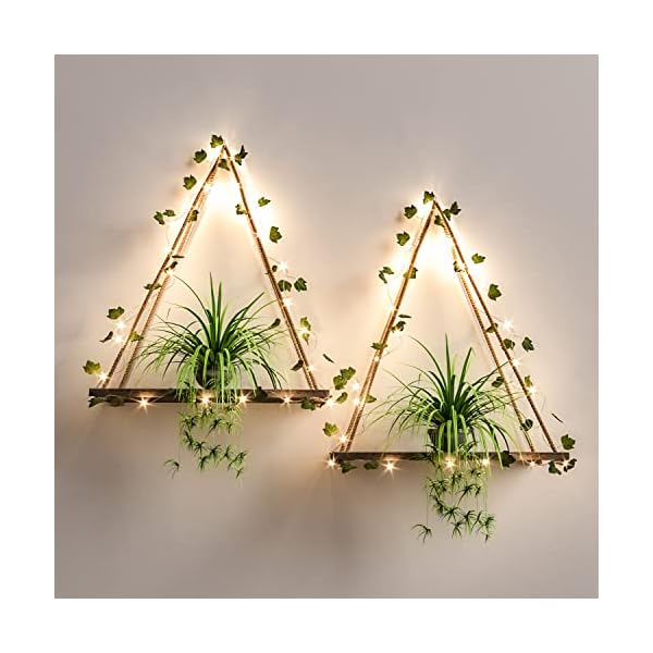 RICHER HOUSE Artificial Ivy LED-Strip Wall Hanging Shelves Set of 2, Macrame Shelf for Bedroom Bathroom Living Room Kitchen, Wood Hanging Plant Shelves for Wall Décor