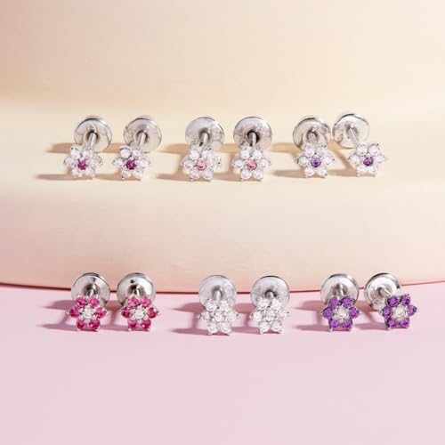 925 Sterling Silver Kids Earrings with 5mm Flower & Screw Backs for Young Girls - Dainty CZ Flower Screw Backs for Toddlers and Little Girls - Cubic Zirconia Floral Studs for Children 5