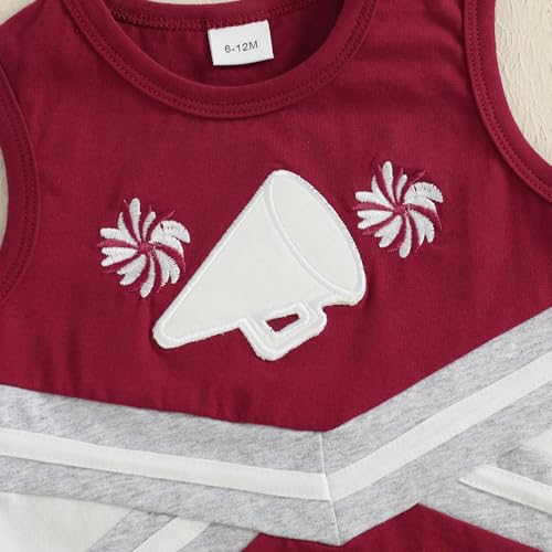 CREAIRY Toddler Baby Girl Cheerleader Outfit Shirt Tops Skirt Set Cheer Uniform Outfit Halloween Cheerleading Clothes (Wine Red, 3-4T)