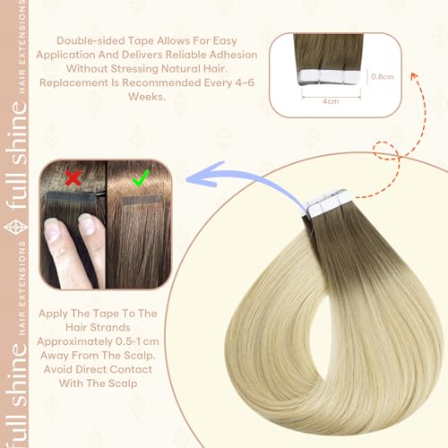 Image of Full Shine Hair Extensions Tape in, Brown Root Blonde 14 Inch | 50g 20PCS, Seamless Skin Weft Human Hair Tape in Extensions, Remy Double Sided Design Soft Texture Natural Blend