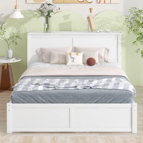 Bellemave Queen Size Platform Bed Frame with Trundle and Pull Out Shelves, Wood Queen Bed Frame with Storage Headboard (White/Trundle & Shelves)