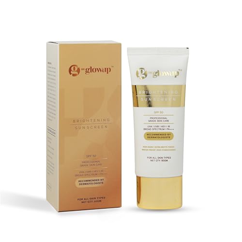 HK Glowup Brightening Sunscreen SPF 50 PA+++ 60ml | Broad Spectrum UVA UVB Protection | For All Skin Type – Oily, Dry, Acne-prone | Waterproof, Professional Grade Skin Care, Non-Comedogenic | Sweat Resistant