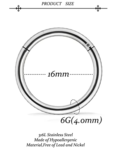 Vsnnsns 2G 4G 6G 8G 12G Septum Rings Surgical Steel Heavy Gauges Earrings for Stretching Hinged Segment Clicker Septum Nose Rings Weights Earrings Hoops Diameter 14mm 16mm 19mm Silver2