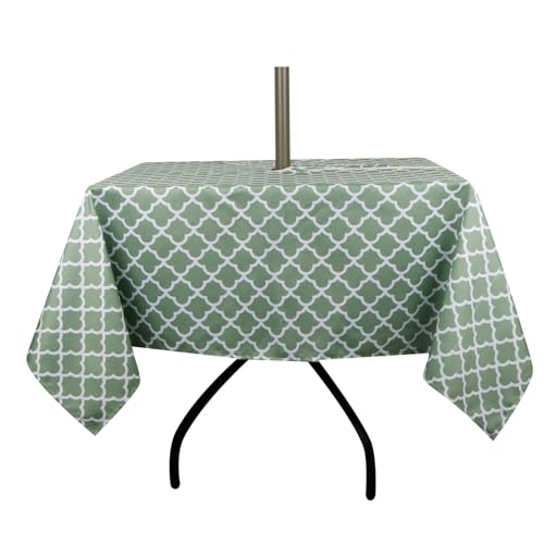 youngseahome Outdoor Tablecloth Water Resistant Polyester Fabric Summer Table Cover with Zipper Umbrella Hole for Picnic/Party/Dinner/Patio Garden (60x60inch Square,Green and White)