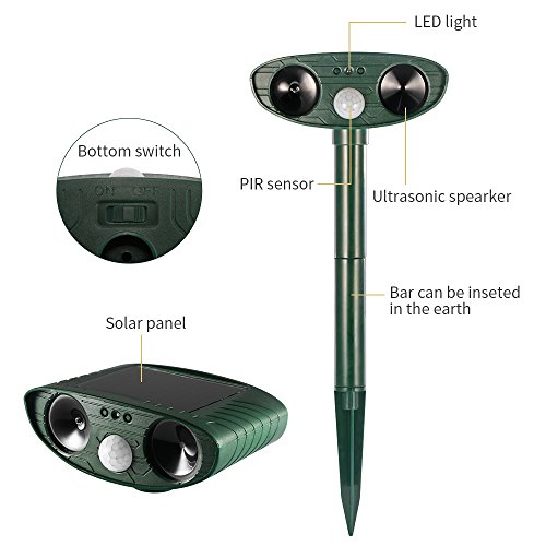 Repelente ultrassônico de animais à prova d'água, alimentado por energia solar, cães, gatos, pássar