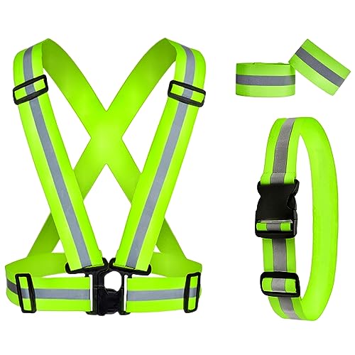 Ruishyy Reflective Running Gear Reflective Vest & Reflective Armband & Reflective Belt 3 Pcs Set, High Visibility Reflective Gear Night Cycling Walking Safety Vest Straps For Men Women Kids cover