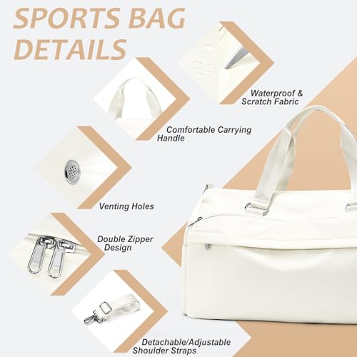 Image of Gym Bag for Women Men with Shoe Compartment,Waterproof Sports Duffle Bag for Travel Weekender Overnight Carry on Bag Gym Tote Bags Workout Bag for Swimming Yoga Hospital Holdalls Beige