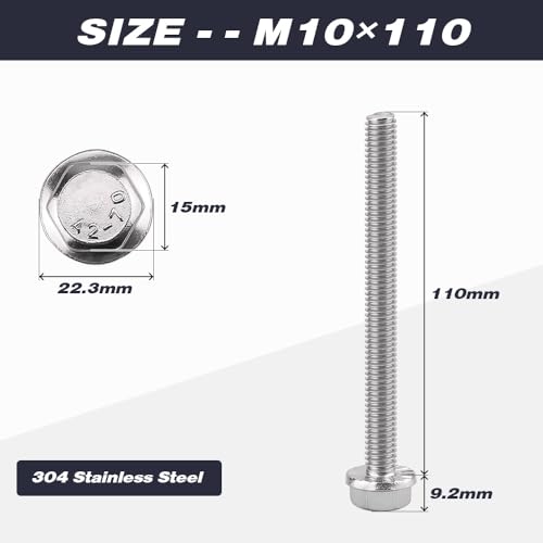 Image of M10-1.5 x 110mm (6 pcs) Flanged Hex Bolts, 304 Stainless Steel 18 /8, Large Washer Head Automotive Screws for Car Parts & Machinery Replacement