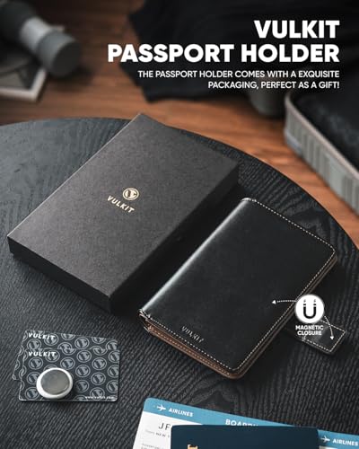Image of VULKIT Passport Wallet Compatible with Airtag Holder RFID Blocking Bifold Travel Card Holder, Black Brown, 6.9x4.3x0.10 inches, Minimalist