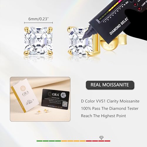 Moissanite Stud Earrings for Women 14K Gold Plated Sterling Silver Stud Earrings 6mm 2ct Asscher Cut D Color VVS1 Moissanite Stud Earrings Lab Created Diamond Earring Studs2