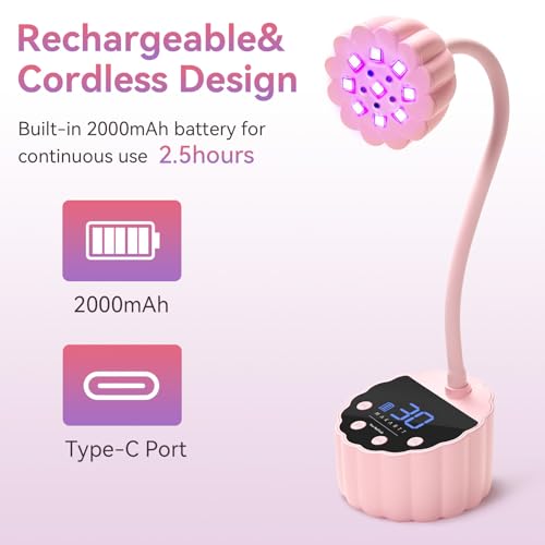 Image of Makartt UV LED Nail Lamp - Gooseneck 58mW /cm Flash Cure Lamp Rechargeable UV Light for Gel Nails with 4 Times & Auto Sensor USB Cordless Fast Curing Nail Art Design for Salon Home DIY (Pink)