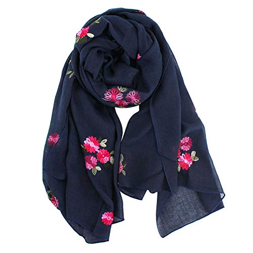 Women Floral Embroidery Spring Autumn Cotton Linen Long Scarf Summer Beach Shawl Wrap Dark Blue