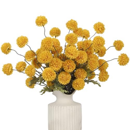 DuHouse 6pcs Artificial Flowers Faux Silk Pompon Mum Silk Small Mini Chrysanthemum Ball with Stems for DIY Wedding Bouquets Centerpieces Vase Home Table Kitchen Decorations