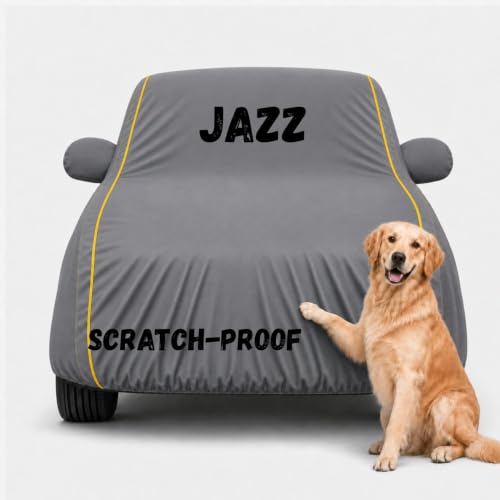 Image of 3 Layer Waterproof Car Body Cover for Jazz All Weather Protection Comes with Inner Cotton Lining & Triple Stitched with Mirror & Antenna Pocket Belt & Elastic Fit (Grey)