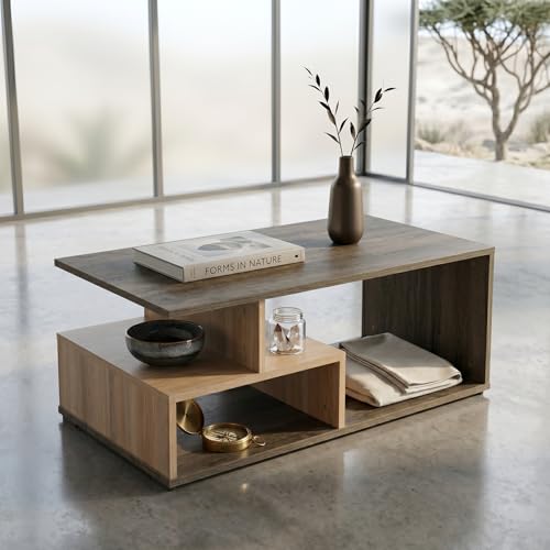 Image of Nexus Geometric Center Table - Modern 2-Tier Coffee Table with Staggered Storage Shelves for Living Room | Premium 15mm Engineered Wood, Dark Walnut & Light Oak Finish (90x50x35 cm)