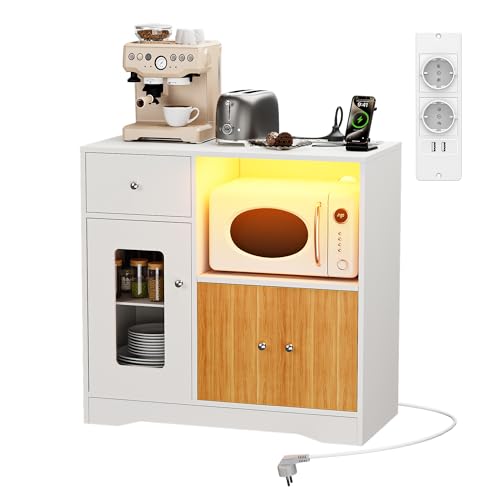 Ztexkee Aparador Cocina Mueble Auxiliar de Cocina Armario Buffet con Enchufe y LED, Mueble Microondas Cocina para Sala de Comedor Salón(Blanco y Roble, 83 x 40 x 80 cm)