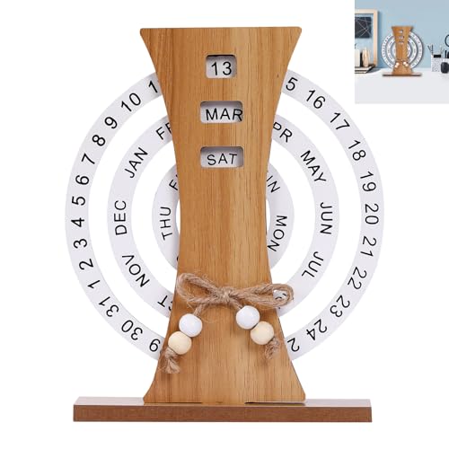 KASESSS Grande Roue Calendrier Perpetuel, Calendrier en Bois Vintage, Rotation Manuelle Calendrier De Bureau, Créatif Calendrier Perpétuel Bois, Agenda...