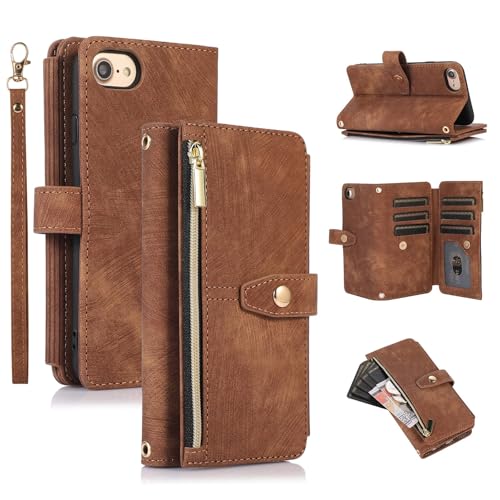 UEEBAI Hülle für iPhone 7 Plus/8 Plus, Leder Klapphülle, Retro Braun