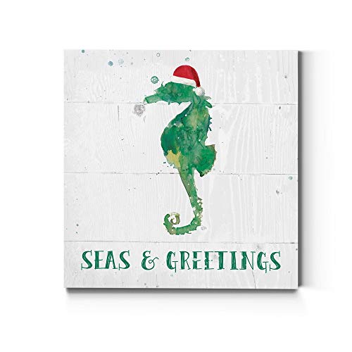 Renditions Gallery Christmas Seahorse with Santa Hat Wall Art, Green Winter Artwork, Funny Ocean & Beach Theme, Premium Gallery Wrapped Canvas Decor, Ready to Hang, 40 in H x 40 in W, Made in America