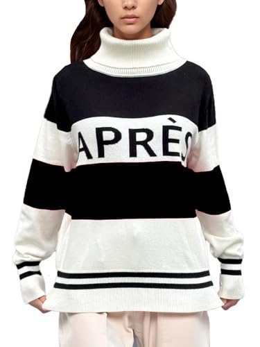 Image of Women Stripe Sleeve Sweaters Turtleneck Warm Sweaters Apres Ski Patchwork Colorblock Tops Winter Outfits